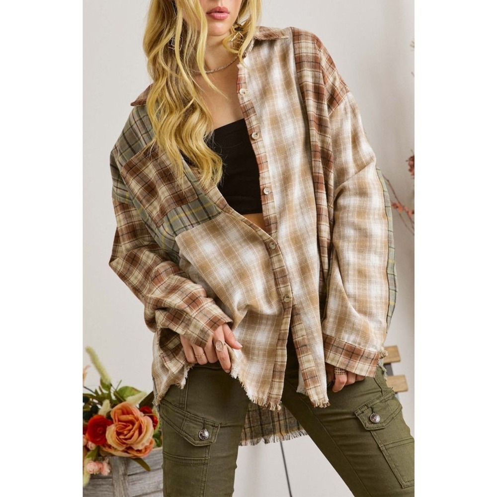 Womens Western Boho Shacket- 90s Grunge Y2K Patchwork Shirt- Brown Size‎ S NEW